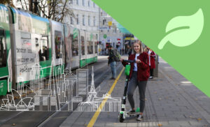 Image of girl smiling next to a tram while riding an electronic scooter.